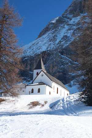 Snowy Landscape of Dolomites Mountains during Winter Season, Italyの写真素材