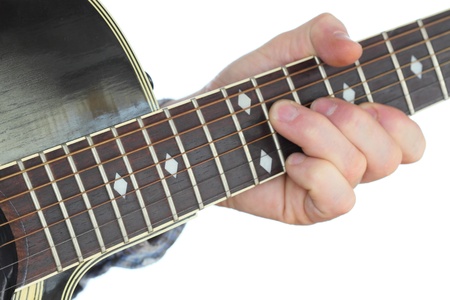 hand is playing with a western guitar on white background