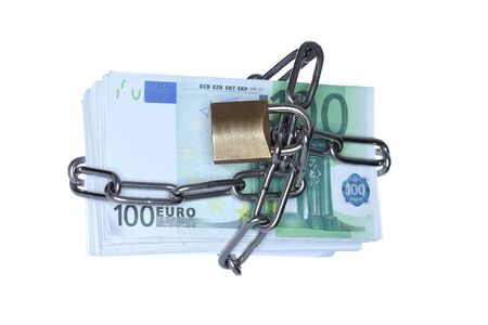 chain secured money notes on white backgroundの写真素材