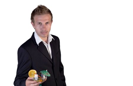 Bartender offering cocktail on a white backgroundの写真素材
