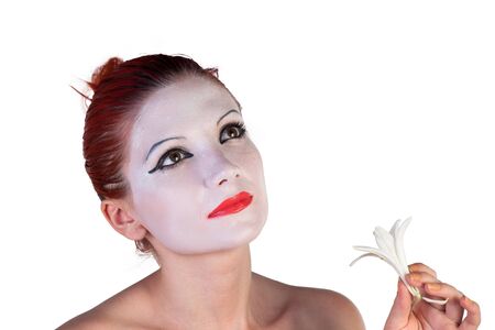 Beautiful young Geisha on a white backgroundの写真素材