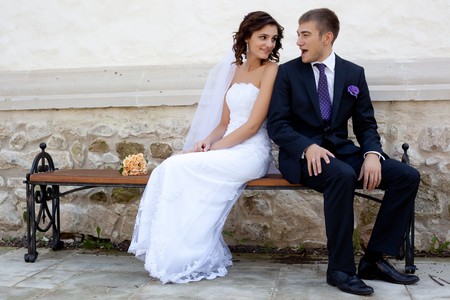 Bride and groom posing and smilingの写真素材