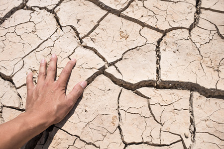Crack dry ground on hand, drought concept.の写真素材
