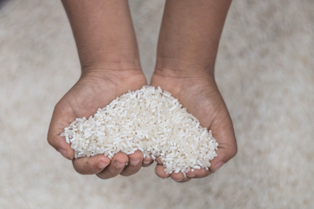 Heart shaped rice on children hand, Concept rice.の写真素材
