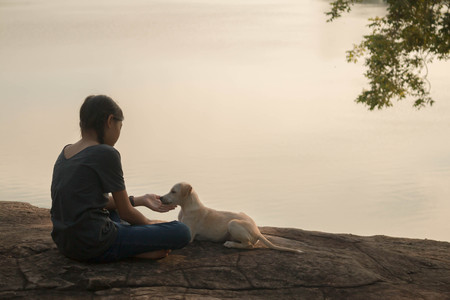Girl travel with dog, Concept travel with dog.の写真素材