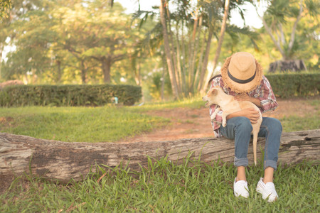 Girl travel with dog, Concept travel with dog.の写真素材