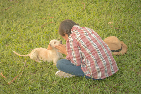 Girl happy travel with dog, Concept travel with dog.の写真素材