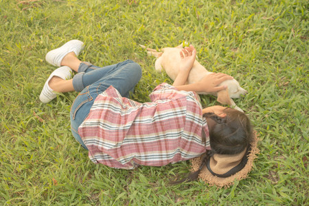 Girl happy travel with dog, Concept travel with dog.の写真素材