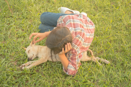 Girl happy travel with dog, Concept travel with dog.の写真素材