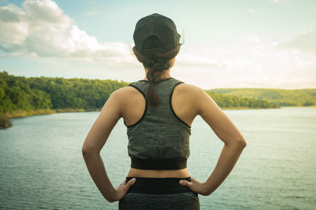 Young women stops resting after running.の写真素材