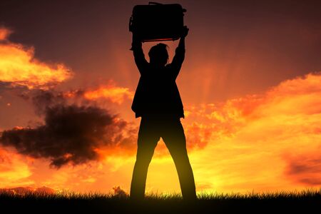 Silhouette businesswoman throws her purse because of a failed business.の写真素材