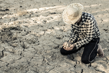 Man on a drought-stricken land in hopes of recovering, Drought crisis concept.の写真素材
