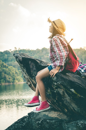 Tourists girls travel in the nature for a holiday.の写真素材