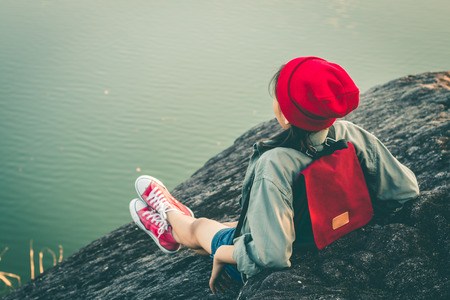Tourists girls travel in the nature for a holiday.の写真素材