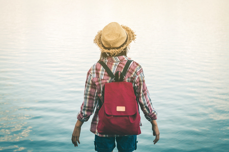 Tourists girls travel in the nature for a holiday.の写真素材