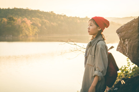 Tourists girls travel in the nature for a holiday.の写真素材