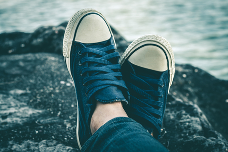 Shoes of tourists close up.の写真素材