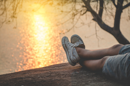 Men tourists in beautiful nature in tranquil scene in holiday.の写真素材