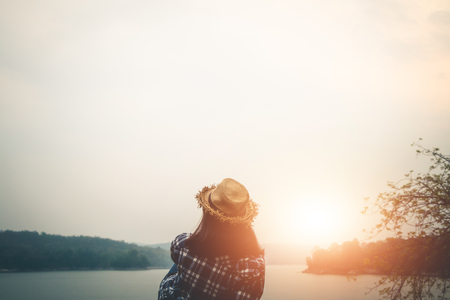 Female tourists in beautiful nature in tranquil scene in holiday, Concept travel.の写真素材
