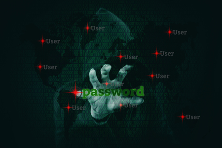 Dangerous hacker stealing data over a screen with binary code.