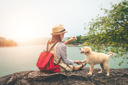 Female tourists and beloved dogs in beautiful nature in a tranquil setting.の写真素材