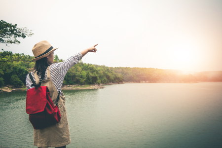 Female tourists in beautiful nature in tranquil scene.の写真素材