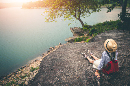 Female tourists in beautiful nature in tranquil scene.の写真素材