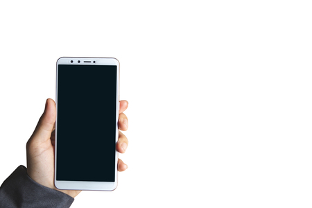 Businesswoman is catching the phone isolated on white background.の写真素材
