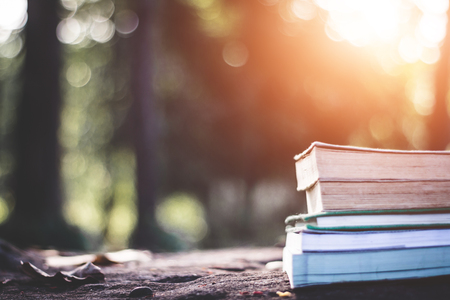 Close up books on the floor in nature.の写真素材