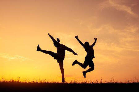 Silhouette girl jumping and run for health, Concept run for health.の写真素材