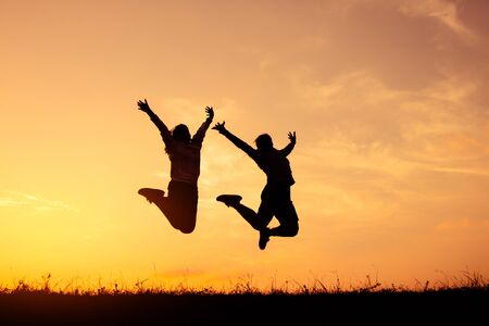 Silhouette girl jumping and run for health, Concept run for health.の写真素材
