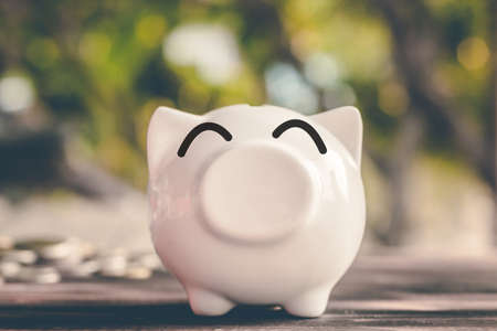Saving money in pig bank for future use, Concept saving money for the future.の写真素材