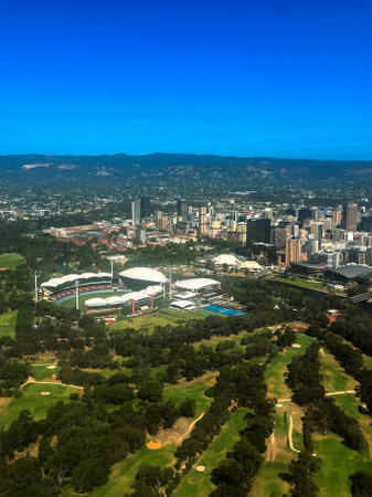 Aerial view of Adelaide Oval and surrounding park in South Australia.の写真素材