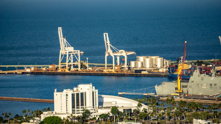 A port from a high-angle view at golden hourの写真素材