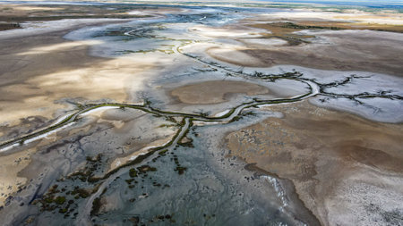 Expansive marshland features meandering streams beautifully flowing under dramatic cloudsの写真素材