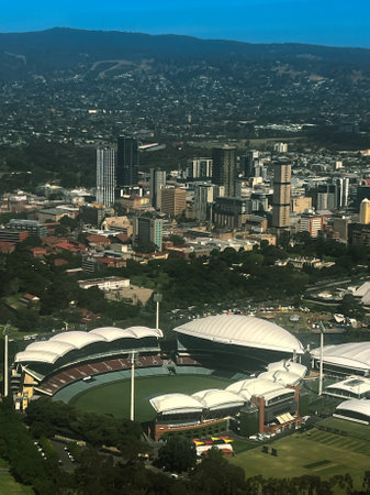 Aerial view of Adelaide Oval and surrounding park in South Australia.の写真素材