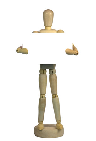 Wooden mannequin holding a blank white card isolated on whiteの写真素材