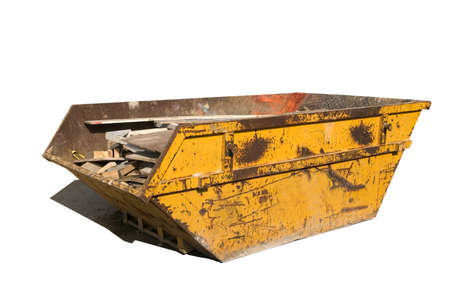 Old yellow builders skip, Isolated on white, Clipping paths for skip and shadow. 