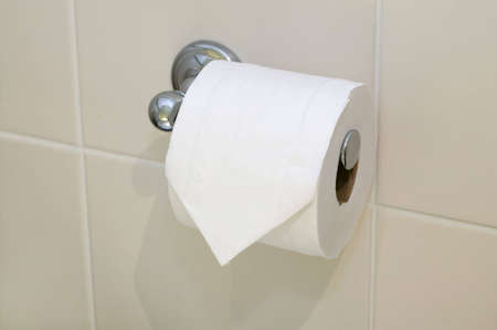 Toilet roll and chrome holder on a tiled wallの写真素材