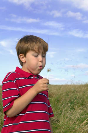 Young boy blowing the seeds from a dandelion.