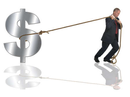 Businessman pulling along a silver dollar by a length of rope.の写真素材
