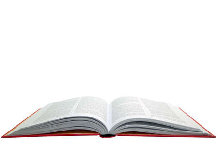 An open hardback text book, isolated on a white background