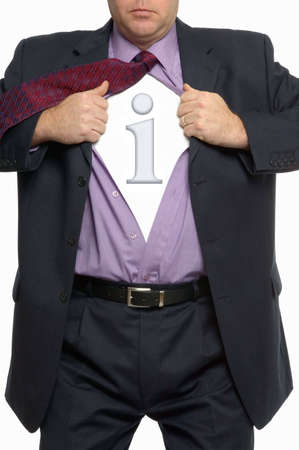 Close cropped image of a businessman pulling his shirt open to reveal an information  icon.の写真素材