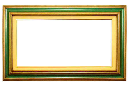 Green and gold picture frame with blank canvas area.の写真素材