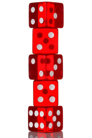 Five red transparent dice in a stack. Isolated on white.