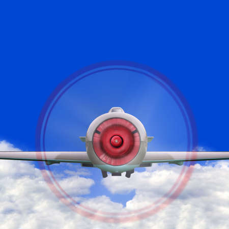 Old single propeller fighter plane flying above the clouds