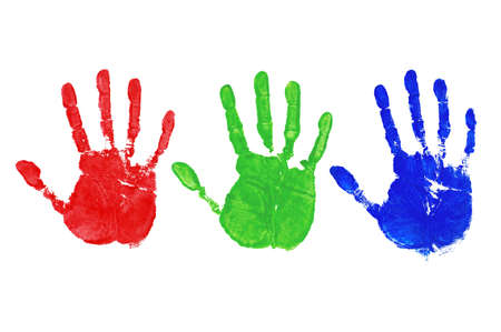Three painted hand prints in Red, Green and Blue, colour coded to 255 for each individual colour.の写真素材
