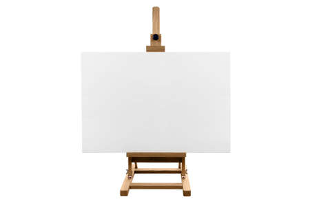 A genuine blank canvas on a wooden easel, isolated on a white background.の写真素材