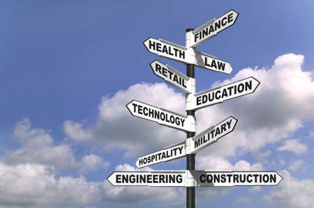 Concept image of a signpost showing the way to ten different career paths Concept image of a signpost showing the way to ten different career paths