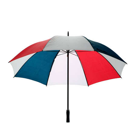 An open multicoloured golfing umbrella isolated の写真素材